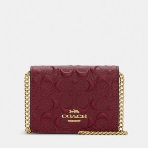 Coach Mini Wallet on a Chain in Signature Leather in Cherry/Gold